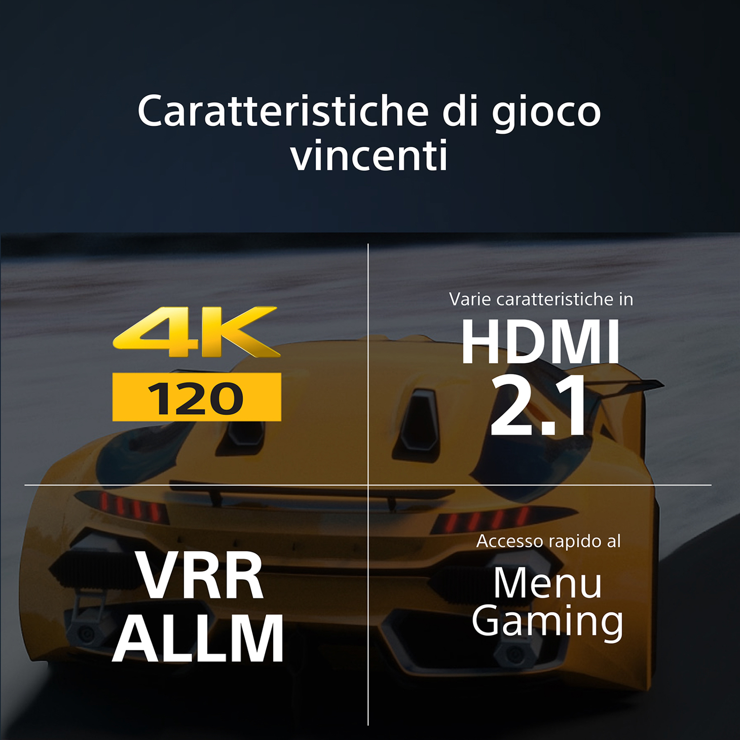 Immagine che mostra le funzionalità di gioco di una TV. 4K 120, HDMI 2.1, VRR ALLM e accesso al menu di gioco.