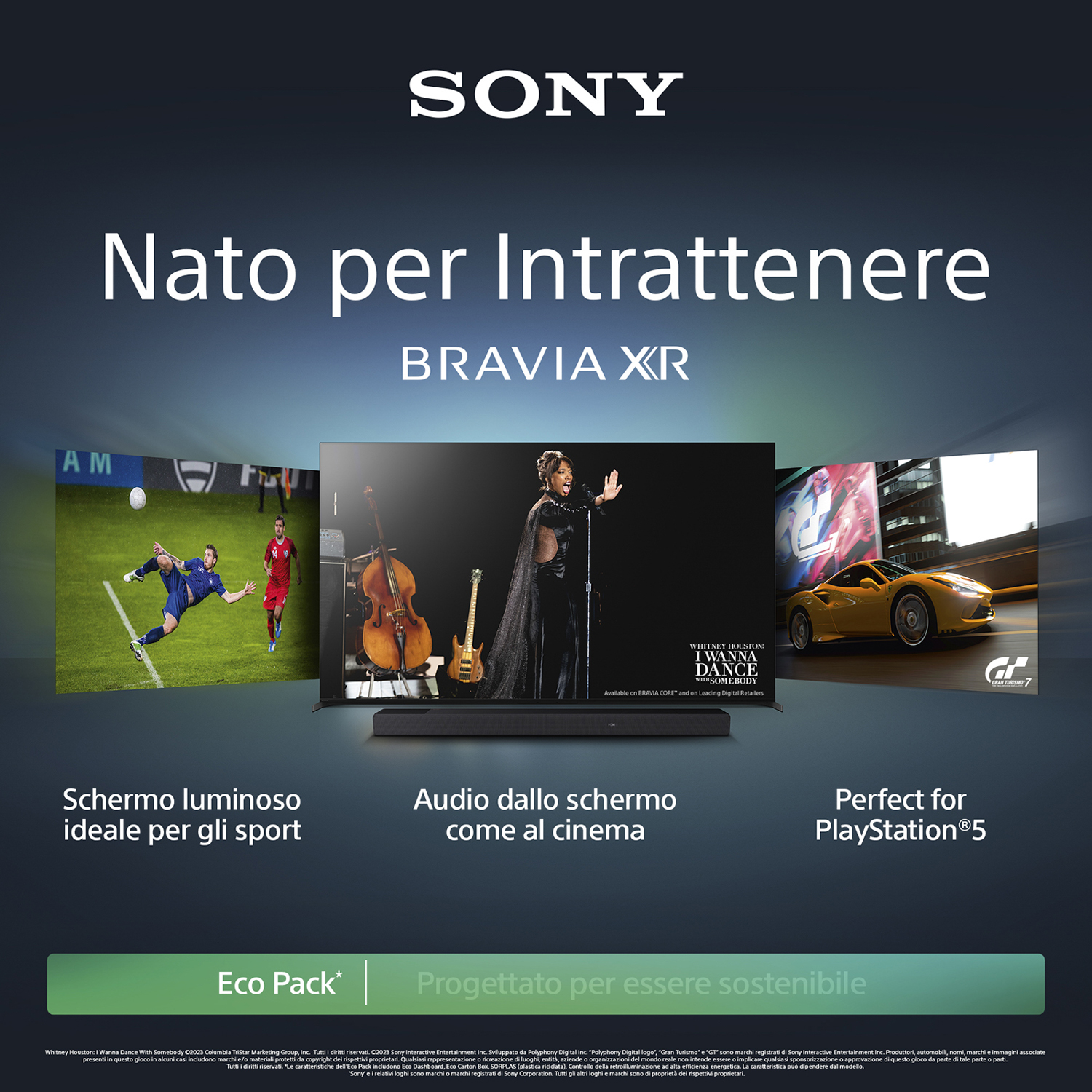 TV Sony Bravia XR con più scene sullo schermo e testo che promuove le funzionalità.