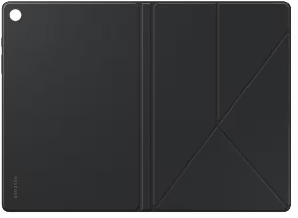 Schwarze Tablet-Hülle, aufgeklappt. Samsung-Logo sichtbar, Innenseite.
