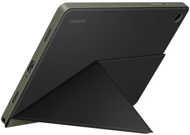 Ein dunkles Tablet mit grünem Gehäuse, hochgestellt. Das Tablet befindet sich auf schwarzem Hintergrund.