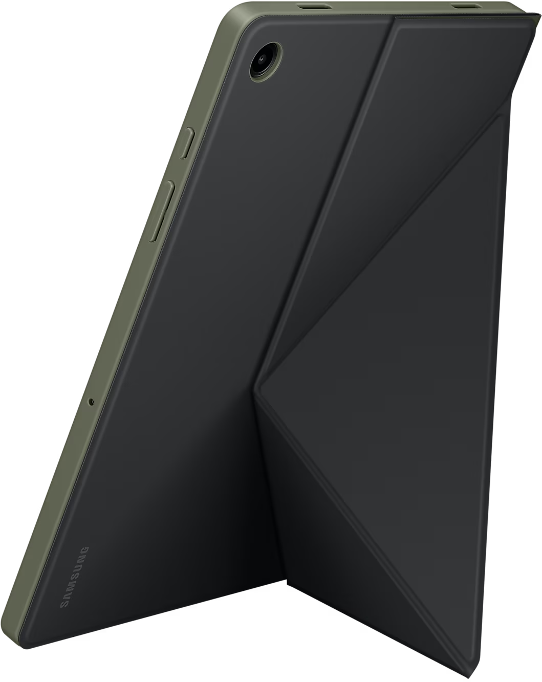 Tablet mit olivgrüner Hülle, aufgestellt. Schwarze Front, Samsung-Marke.