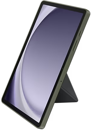 Ein Tablet in einem grünen Gehäuse, abgewinkelt, zeigt den Bildschirm, mit Ständer hinten.