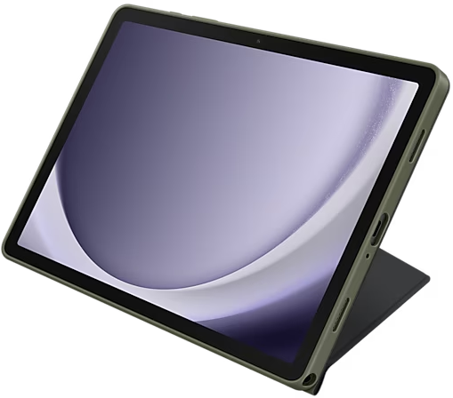Tablet in einem khakifarbenen Gehäuse, nach oben abgewinkelt. Der Bildschirm zeigt ein lilafarbenes Wellenmuster.