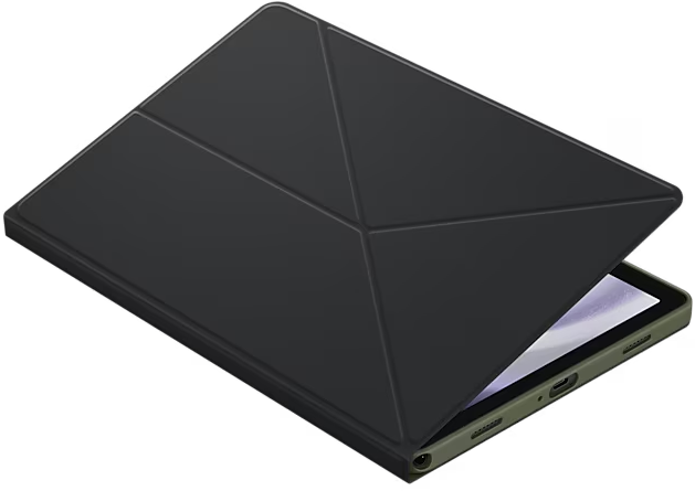 Tablet mit Hülle, halb offen. Schwarze Hülle und grüner Tablet-Rand sichtbar.
