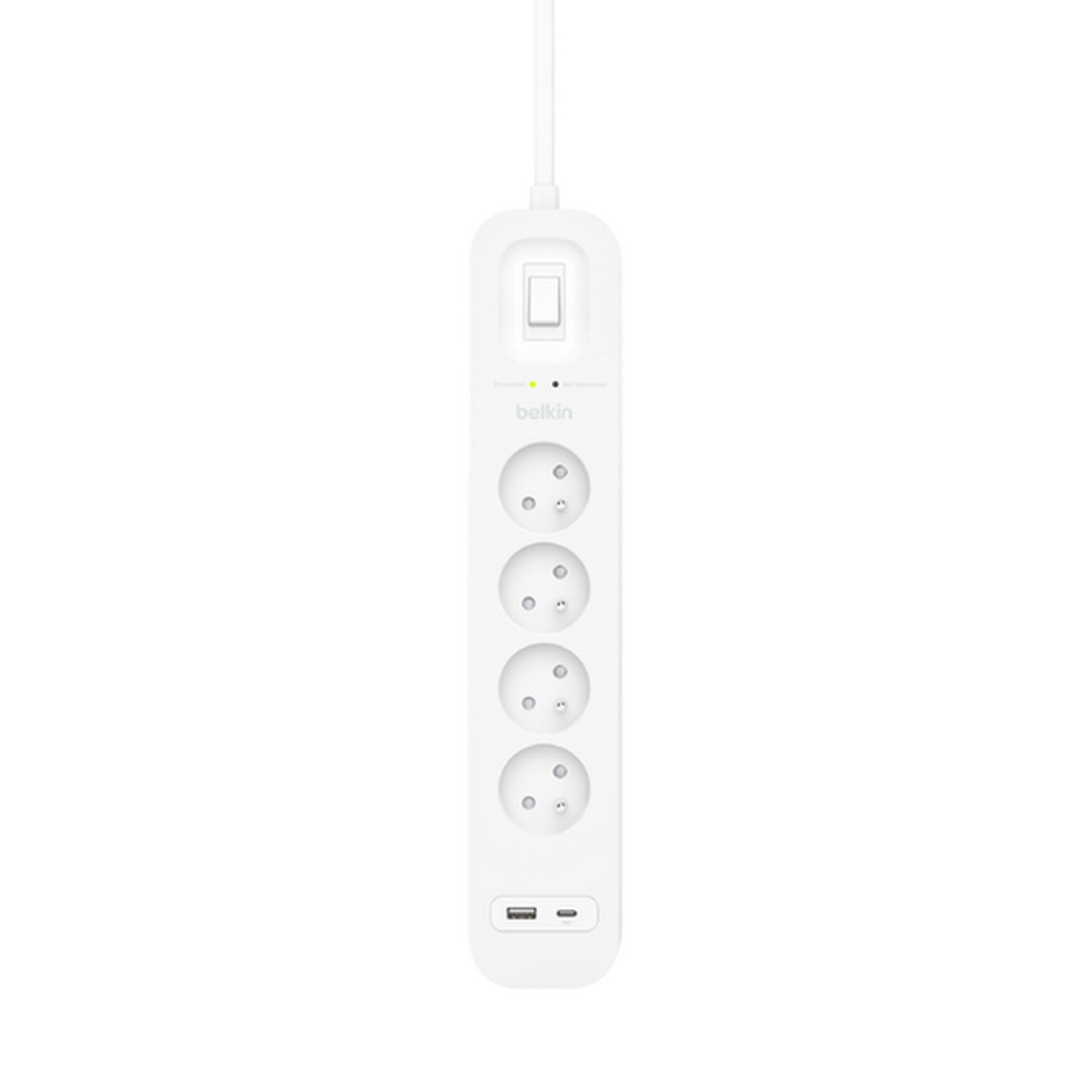 Witte stekkerdoos met vijf stopcontacten, een schakelaar en twee USB-poorten.
