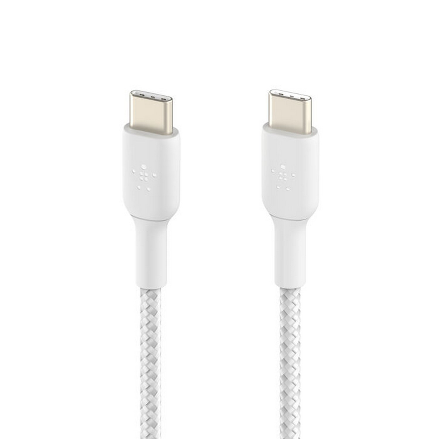 Deux câbles USB-C blancs côte à côte, avec des connecteurs blancs.