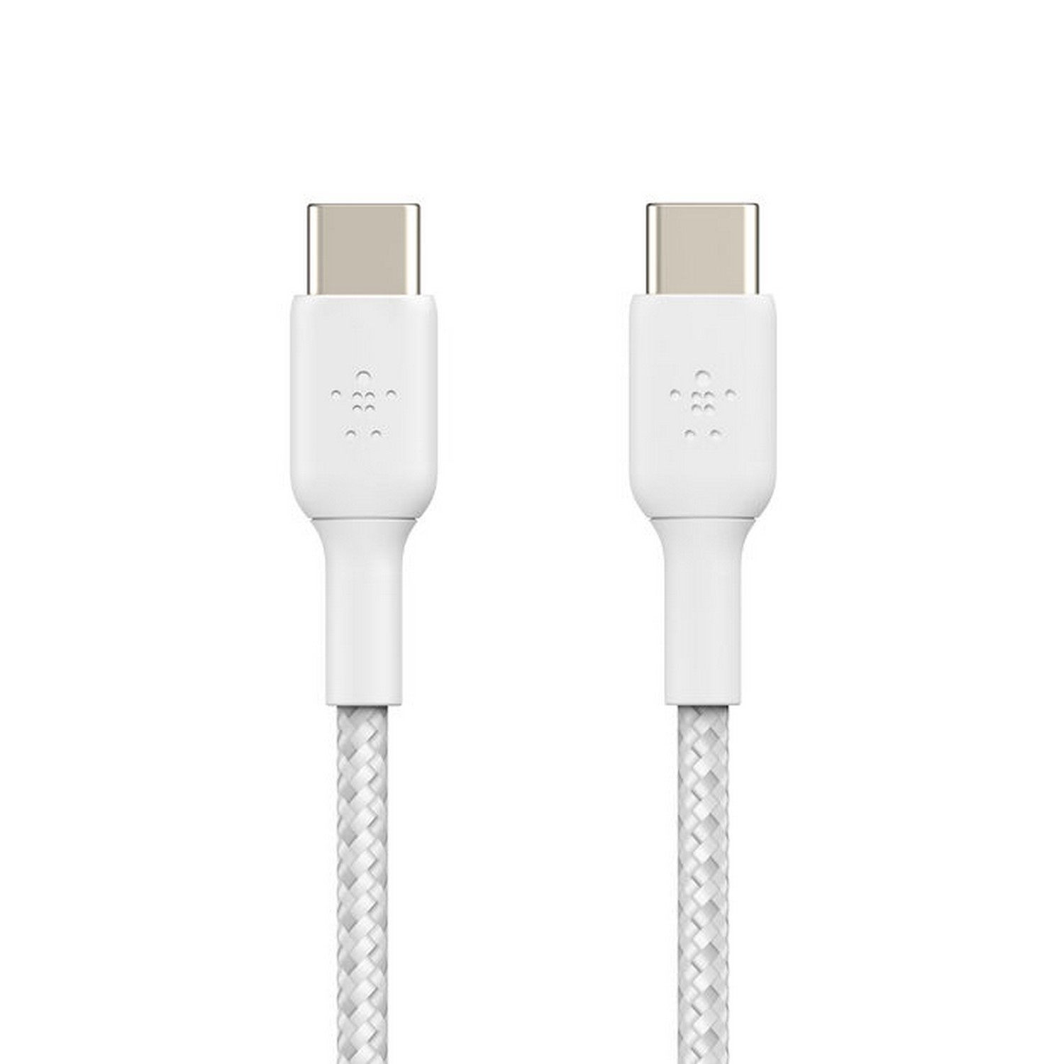 Deux câbles USB-C blancs avec des connecteurs blancs et un cordon tressé.