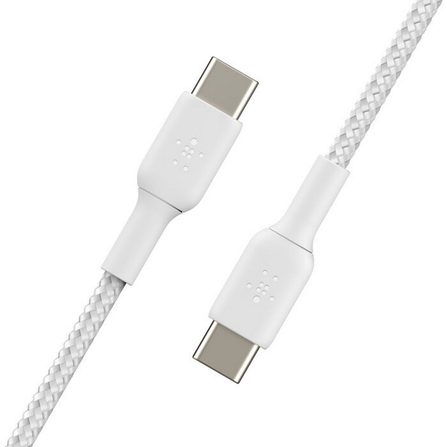 Câble USB-C blanc avec deux connecteurs. Design tressé.