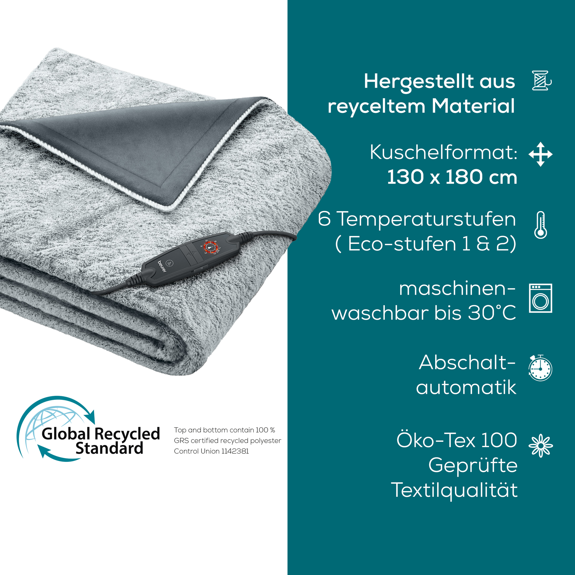 Coperta riscaldante grigia con controller nero, 130x180cm, certificata GRS.