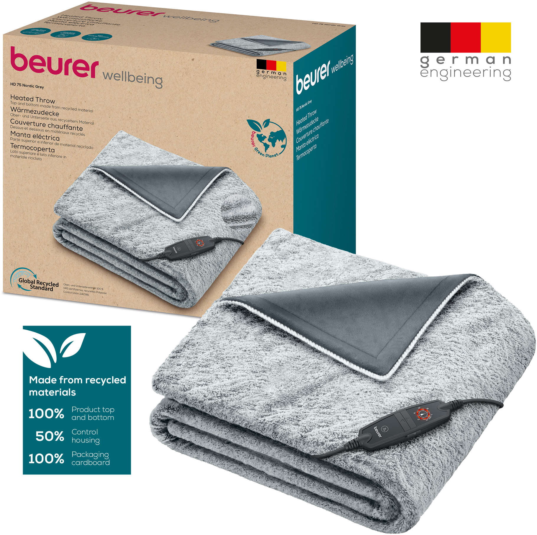 Una coperta riscaldata Beurer grigia piegata in materiale riciclato.
