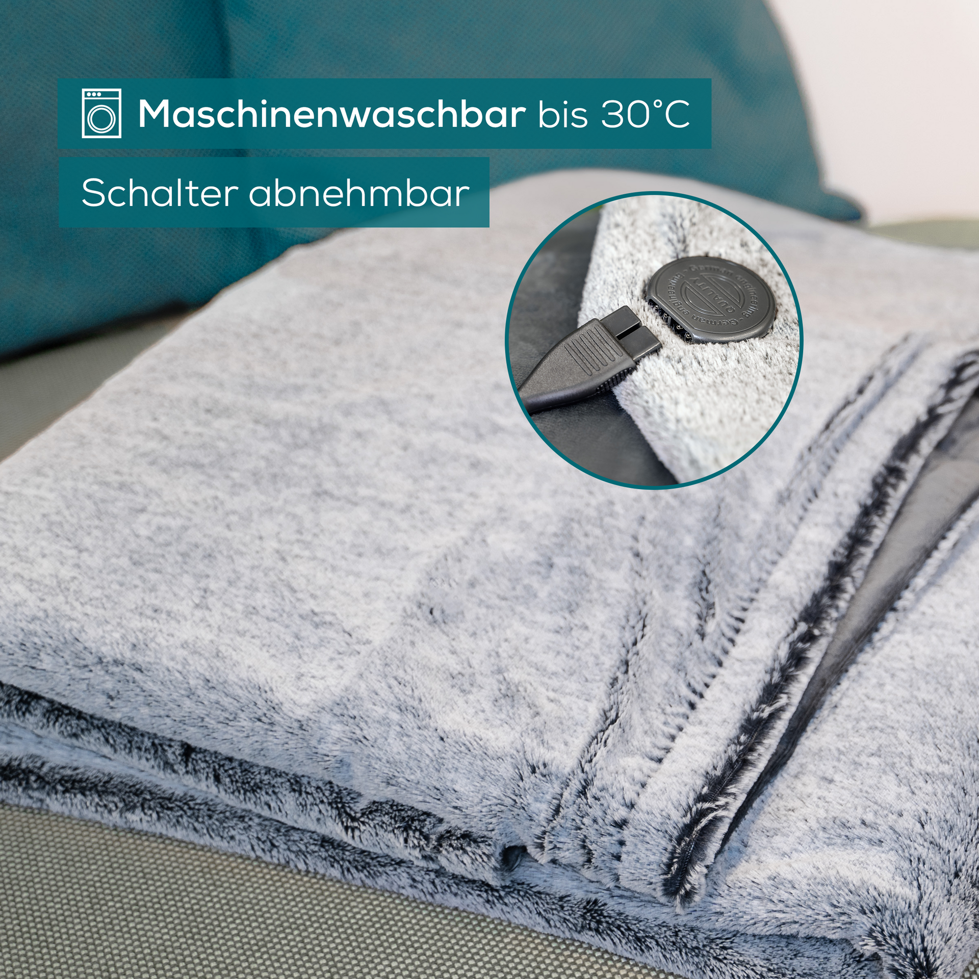 Coperta grigia in peluche con interruttore staccabile, lavabile in lavatrice 30°C.