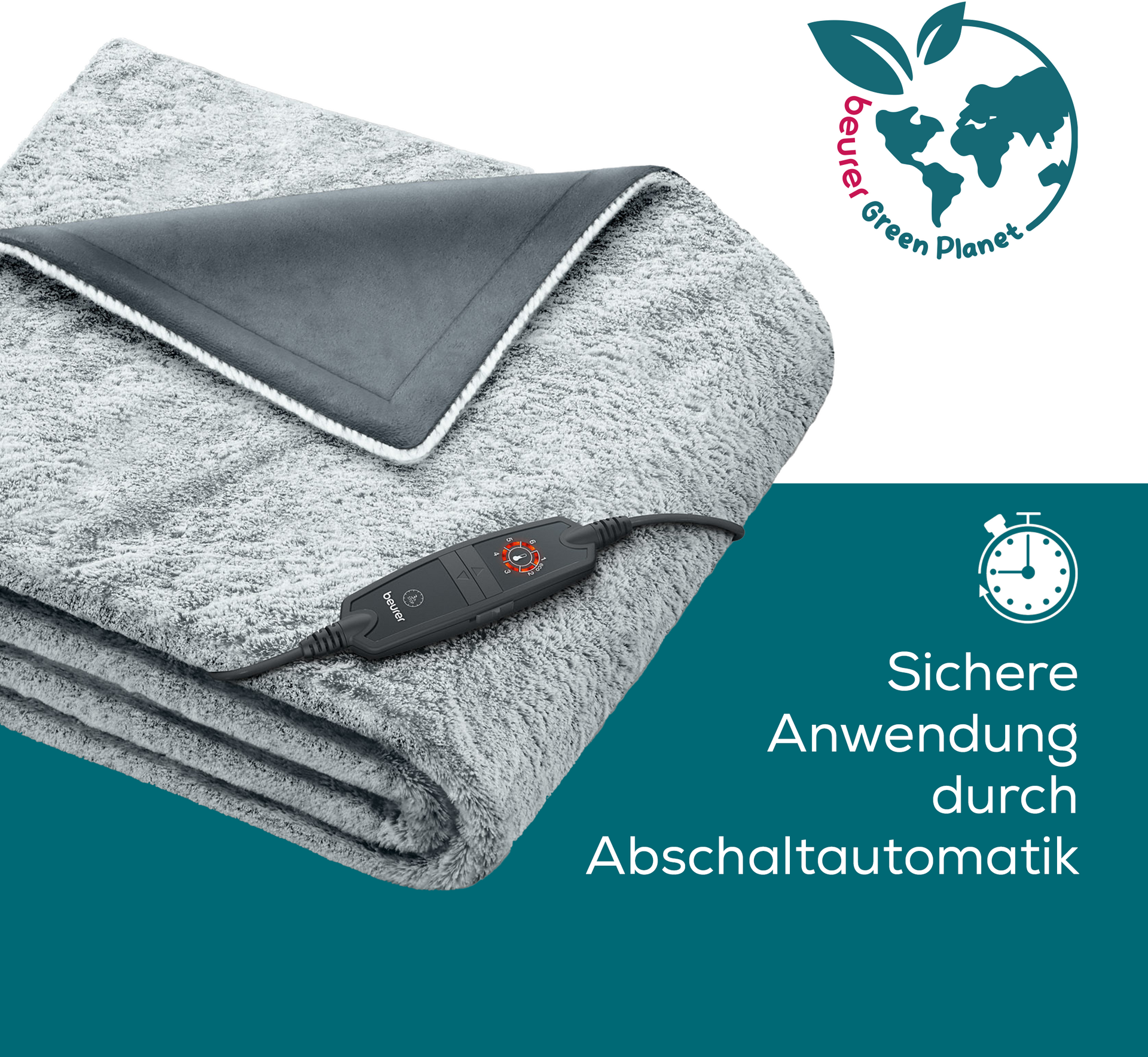 Coperta termica grigia con controller nero e logo "Green Planet".