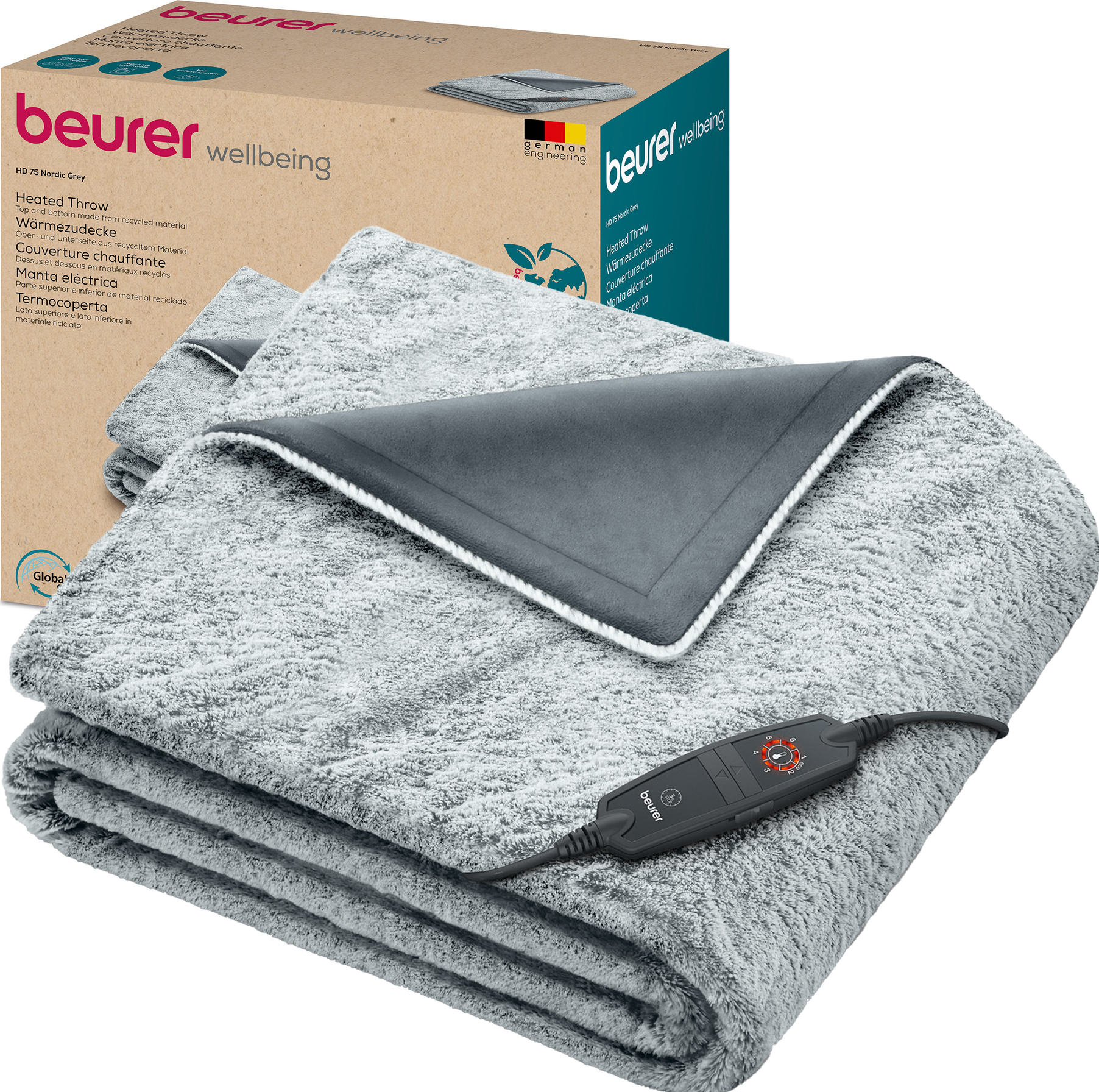Coperta riscaldante Beurer grigia con telecomando e confezione.