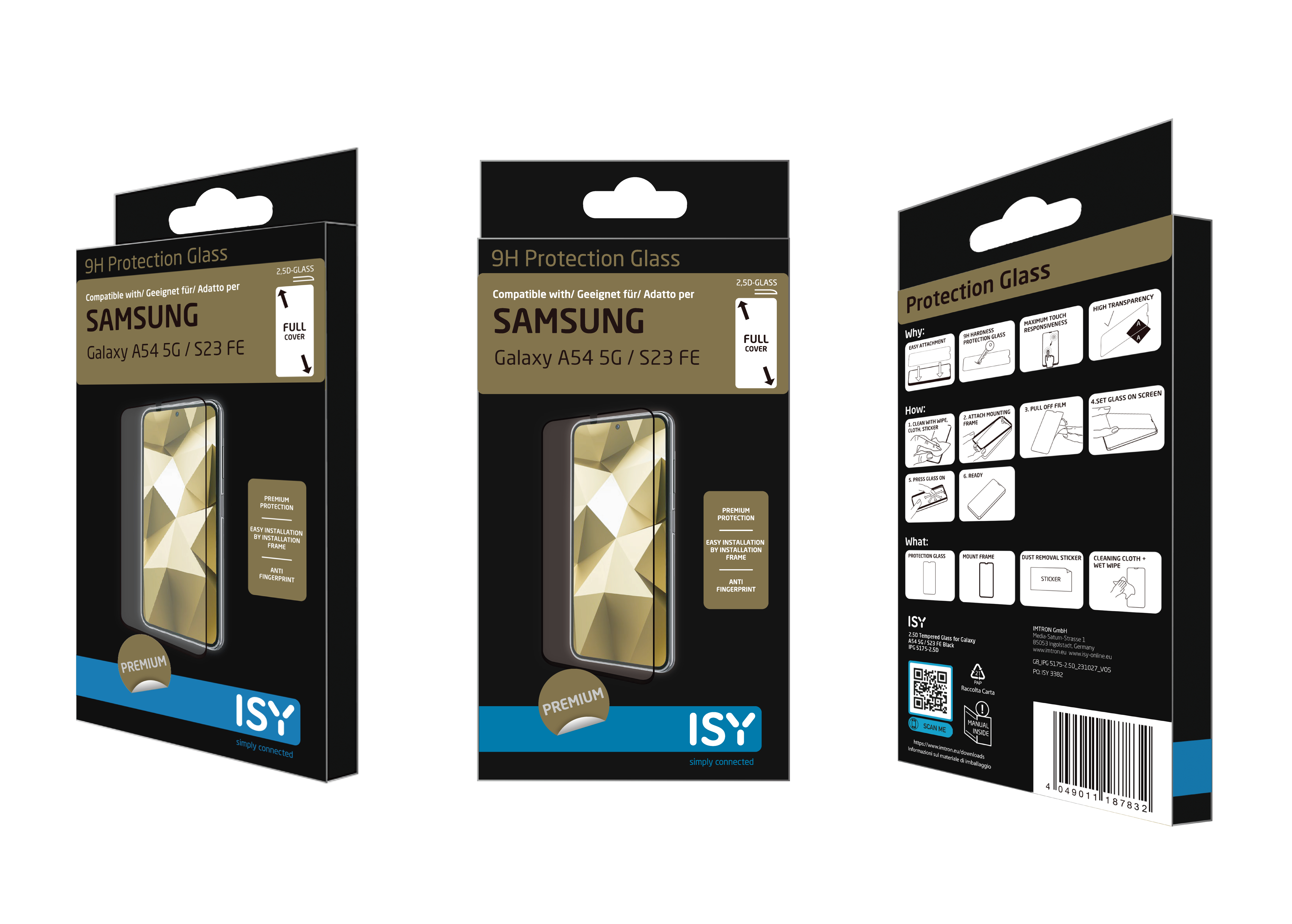 Drei Schachteln Displayschutzfolien für Samsung Galaxy-Telefone. Die Schachteln sind schwarz und weiß.