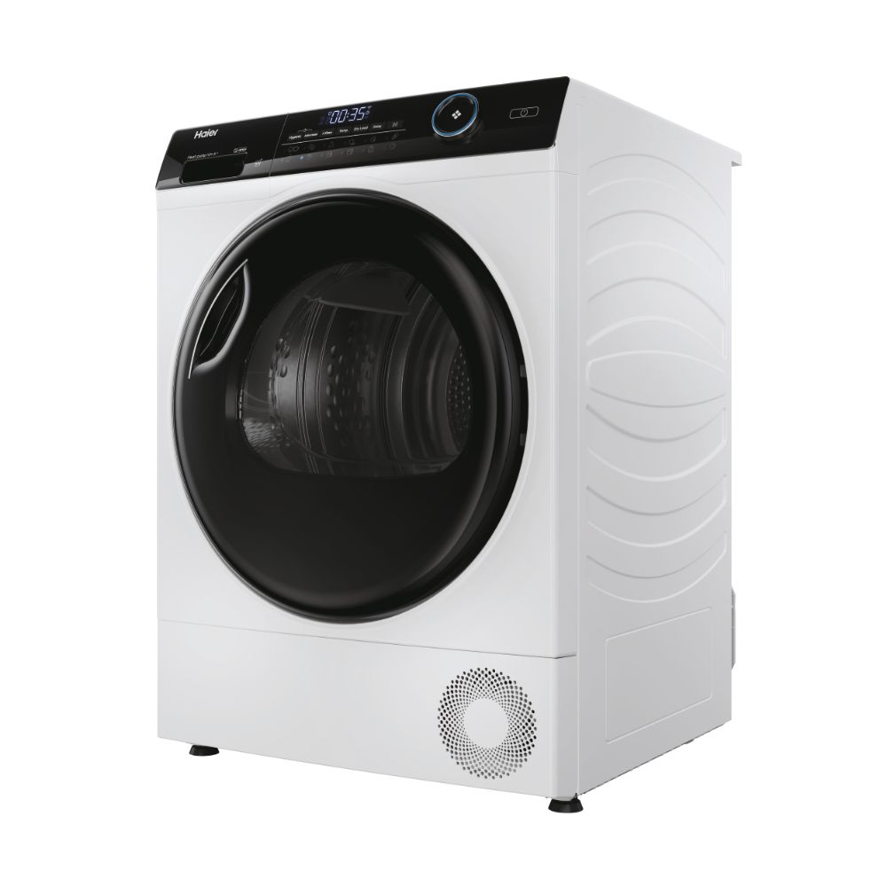 Beyaz Haier kurutma makinesi. Siyah bir kapısı ve bir ekranı var. Kurutma makinesi beyaz ve siyah bir kapıya sahip.