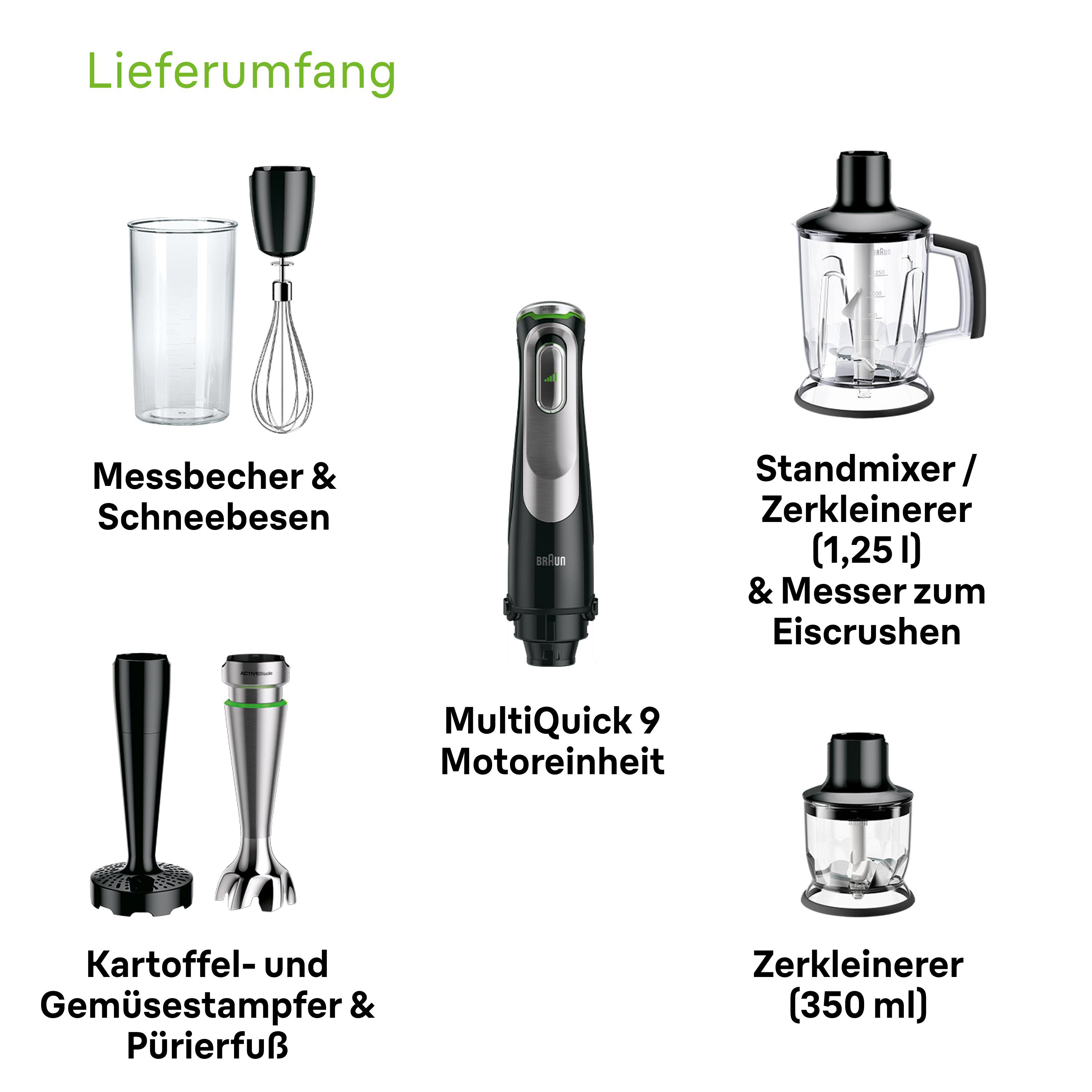 0.6 Liter (Mixbecher)) Premium-Schwarz/Edelstahl Liter MultiQuick (1200 0.35 1.25 BRAUN (Kompaktzerkleinerer), (Standmixer), MQ9147X Liter 9 Stabmixer Watt,