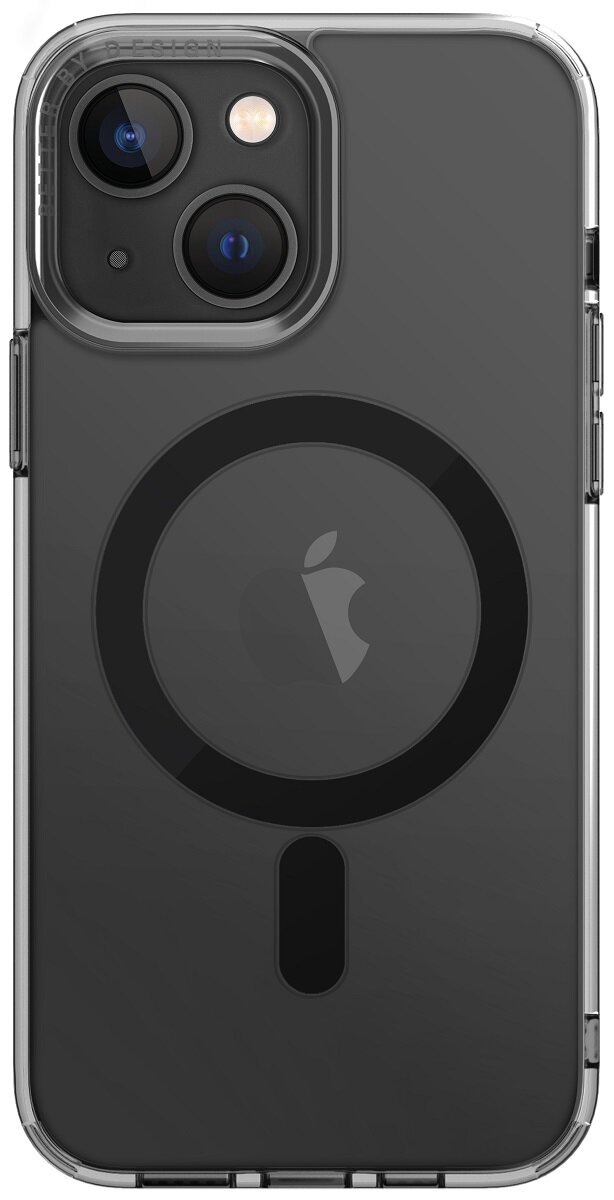 Przezroczyste etui na telefon z czarnym okręgiem MagSafe i logo Apple na ciemnoszarym telefonie.