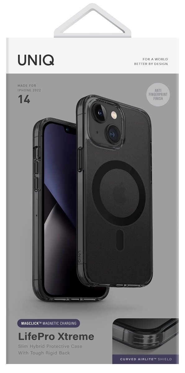 Etui na iPhone 14, czarne, z telefonem w środku. Opakowanie jest widoczne.