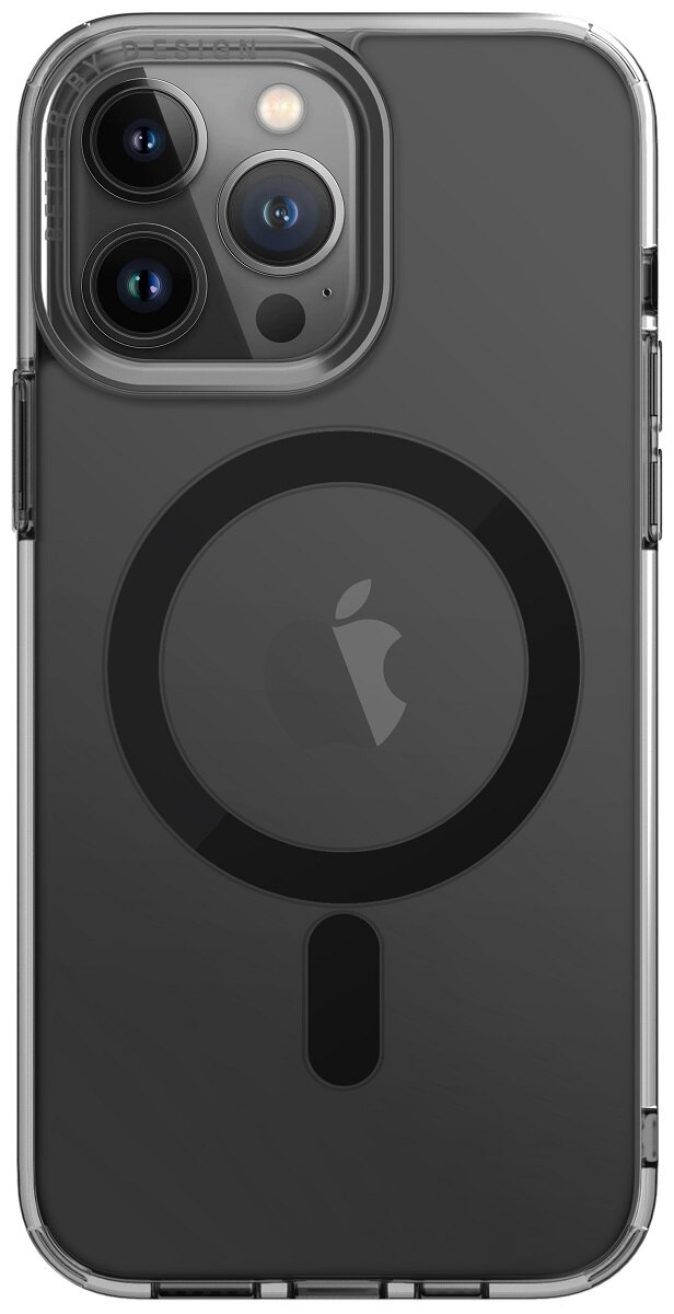 Przezroczyste etui na telefon z czarnym okręgiem i logo Apple z tyłu.