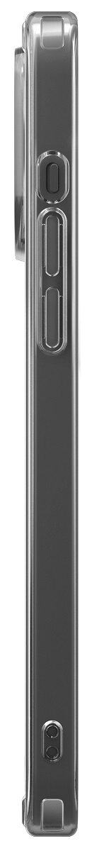 Widok z boku przezroczystego etui na telefon, pokazujący boczne przyciski i obszar aparatu.