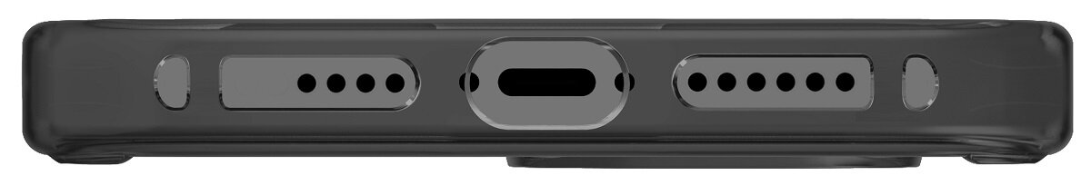 Spód czarnego etui na telefon. Pokazuje port ładowania, głośniki i inne otwory.