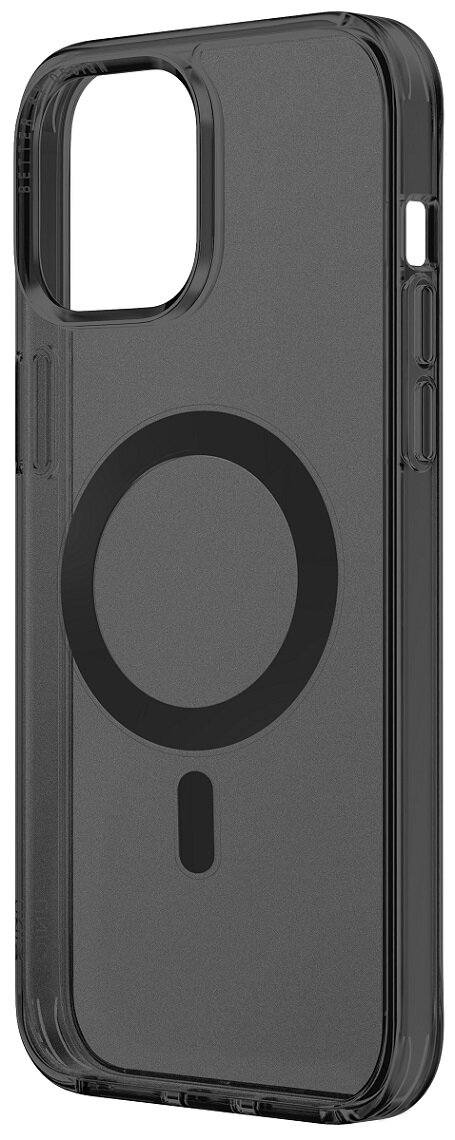 Czarny futerał na iPhone'a z okręgiem MagSafe i pionową czarną linią. Futerał jest przezroczysty.