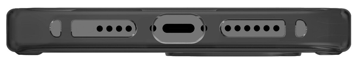 Zbliżenie na spód czarnego etui na telefon. Posiada port ładowania, otwory głośnikowe i wycięcie na aparat.