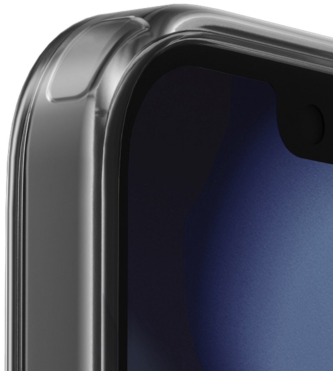 Zbliżenie rogu telefonu w przezroczystym etui.