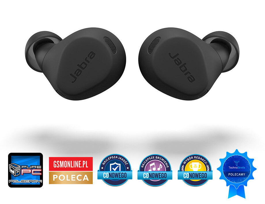 Czarne słuchawki Jabra z logo Pure PC, GSMonline.pl i nagrodami Conowego.