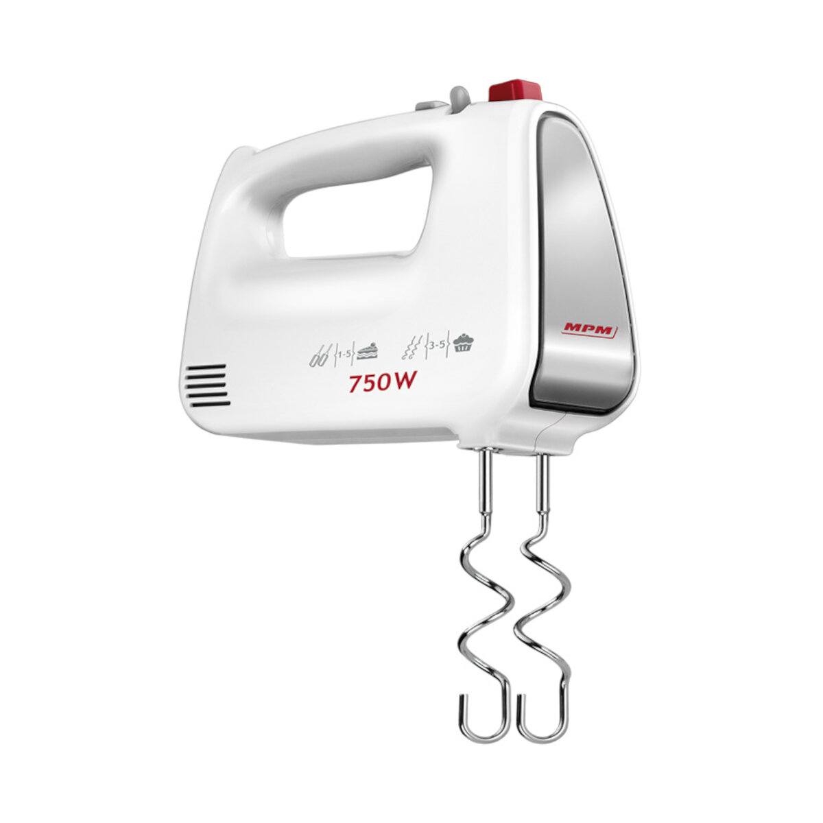 Biały mikser ręczny MPM z dwoma trzepaczkami na białym tle.