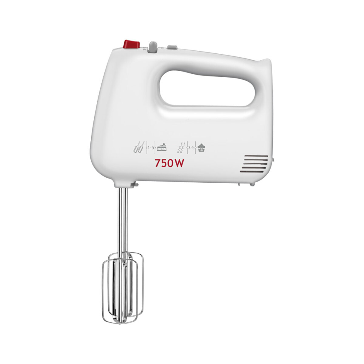 Biały mikser ręczny z uchwytem, końcówką do ubijania i czerwonym przyciskiem zasilania.