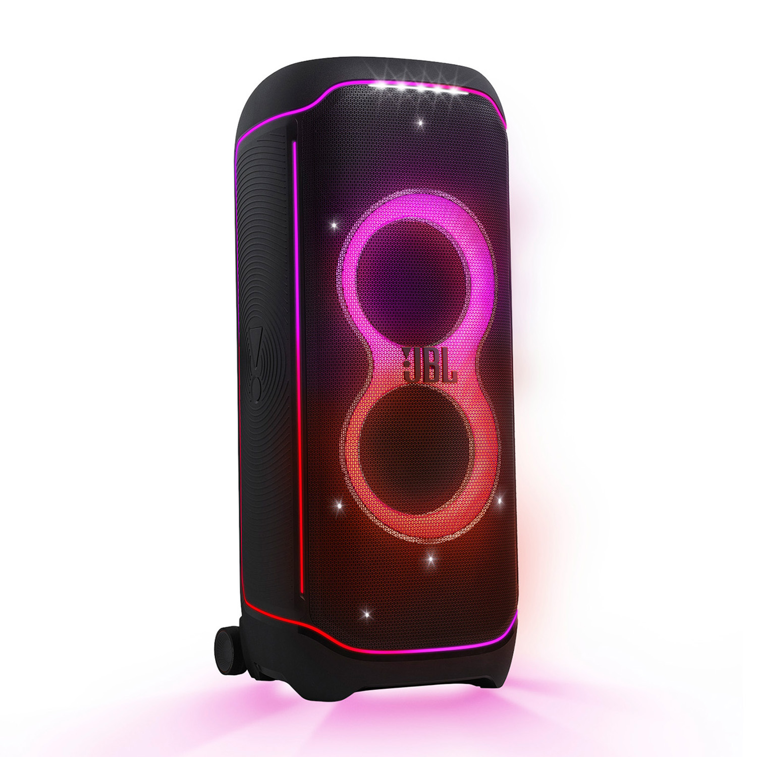 Un altoparlante JBL nero con luci rosa e arancioni, su sfondo bianco.