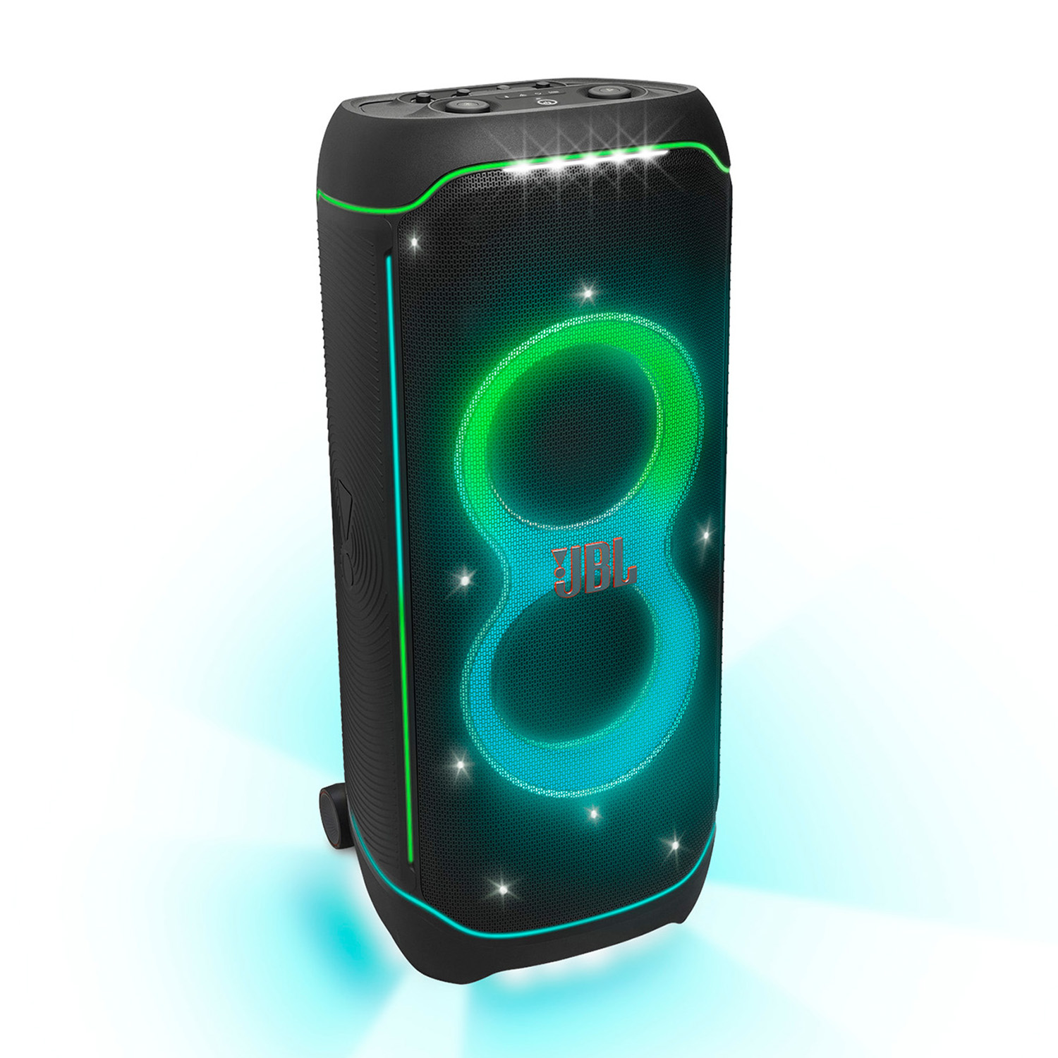 Altoparlante JBL nero con numero 8 luminoso. Effetti di luce verde e blu.