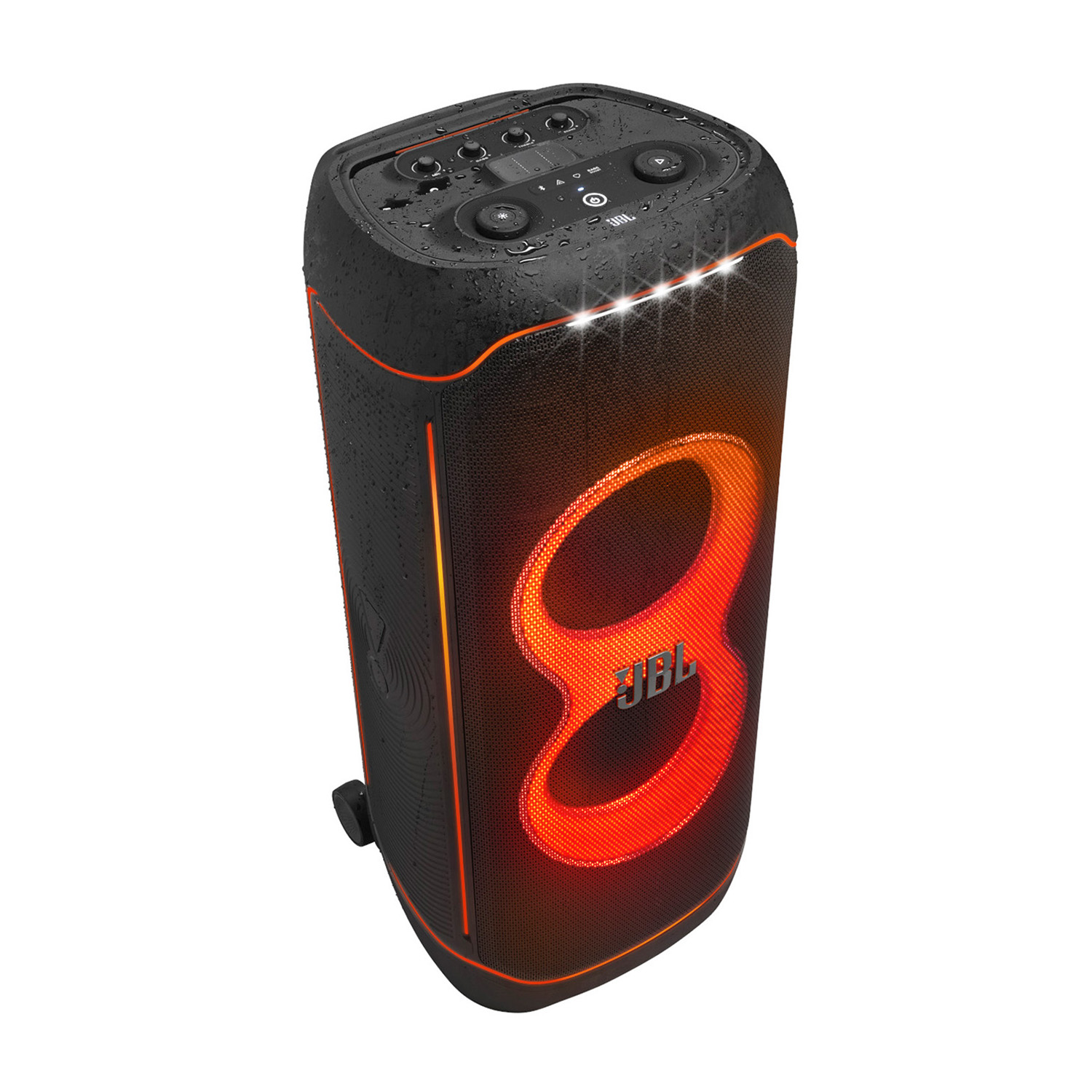 Altoparlante JBL nero con bagliore arancione. Ha una maniglia e luci sulla parte superiore.