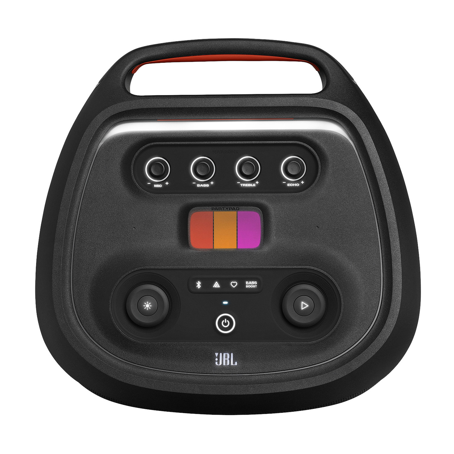 Altoparlante per feste JBL nero con pulsanti di controllo e display colorato.