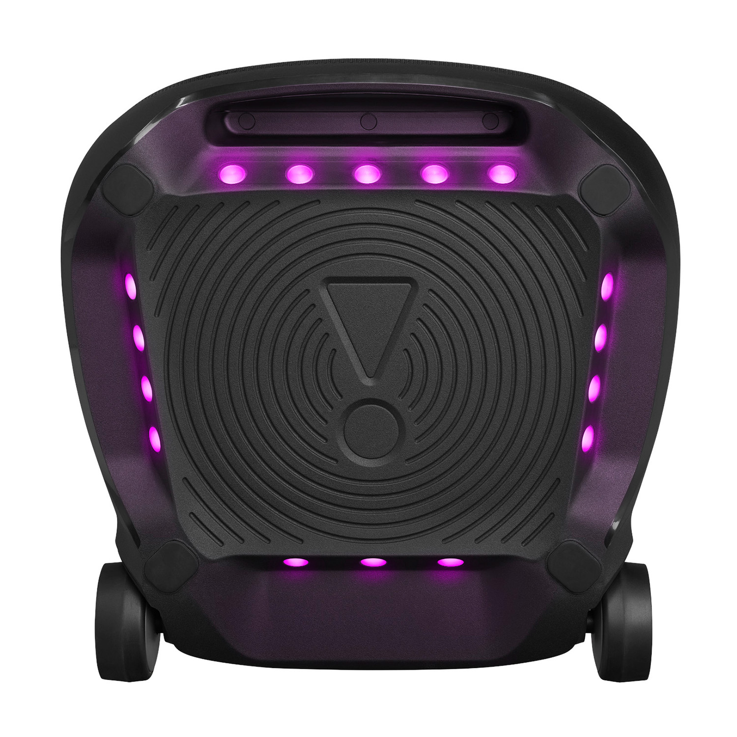Un altoparlante JBL nero con luci viola. Ha una maniglia e ruote. Il logo JBL è visibile.