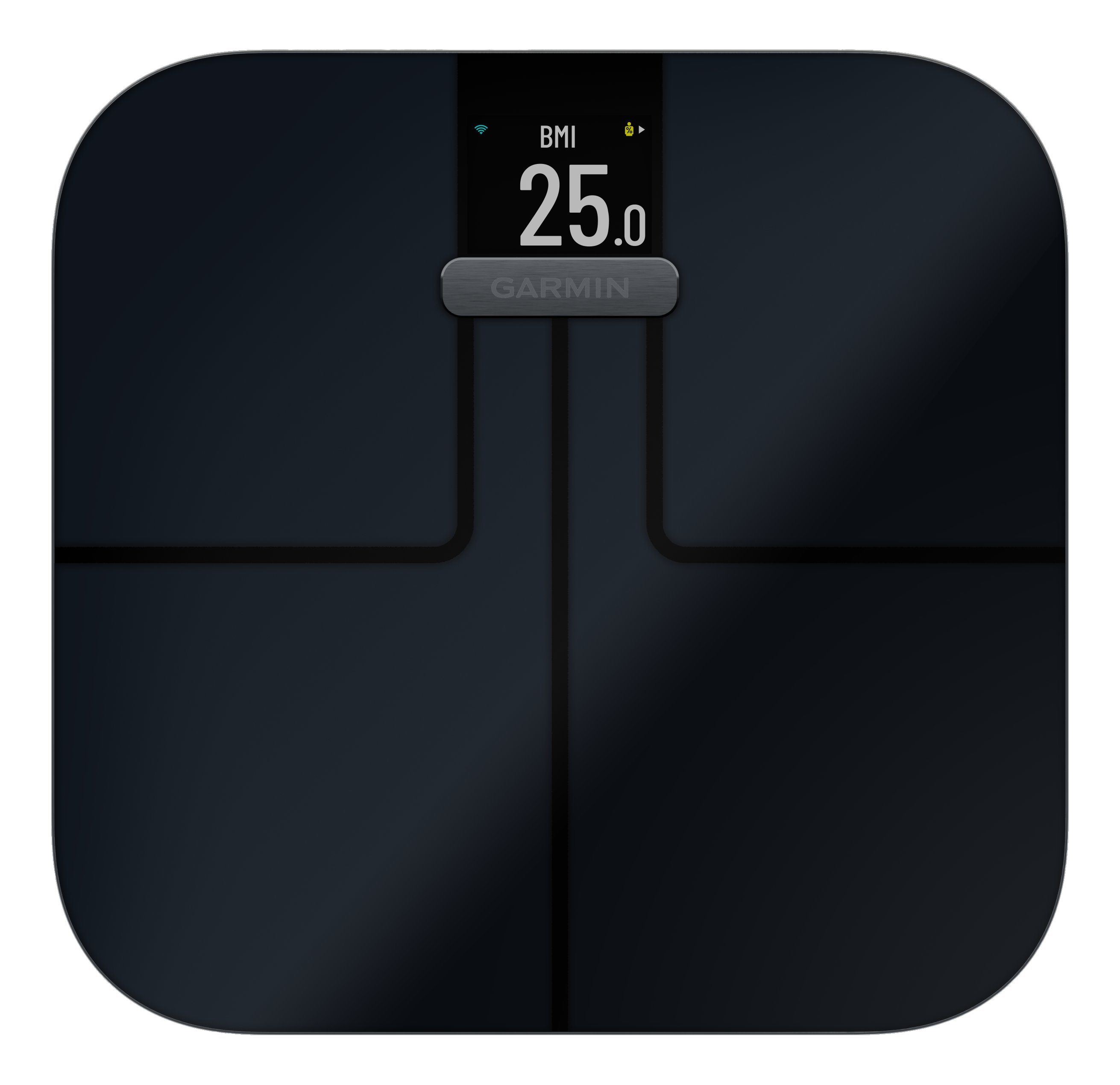 Bilancia intelligente Garmin nera con 'BMI 25.0'.
