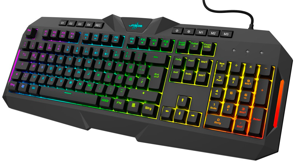 Fekete gamer billentyűzet RGB világítással. Betűkkel és szimbólumokkal.