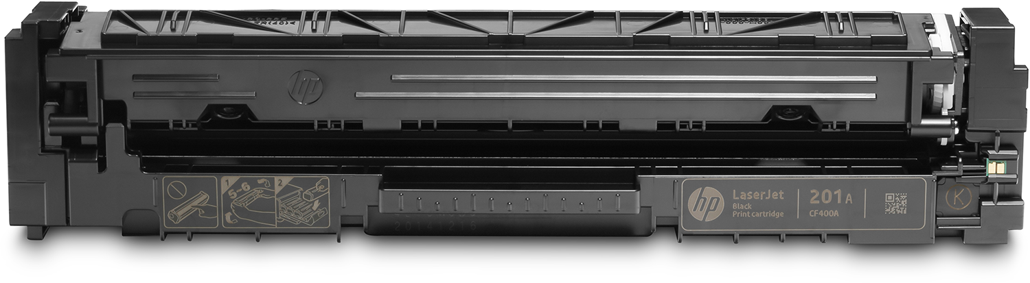 Black HP 201A toner cartridge, top view, with labels and markings.