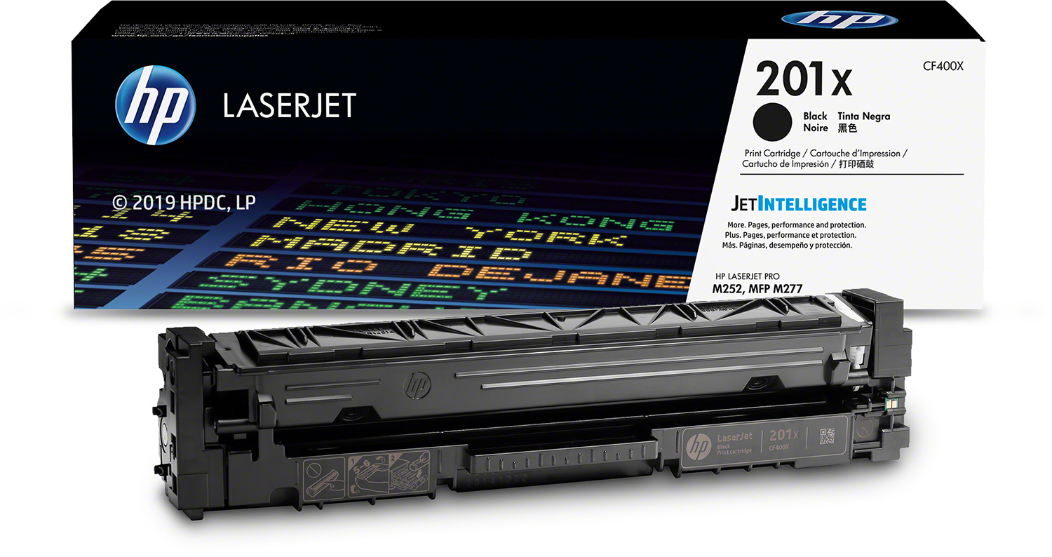 HP LaserJet toner cartridge box and cartridge, black color, text on the box.