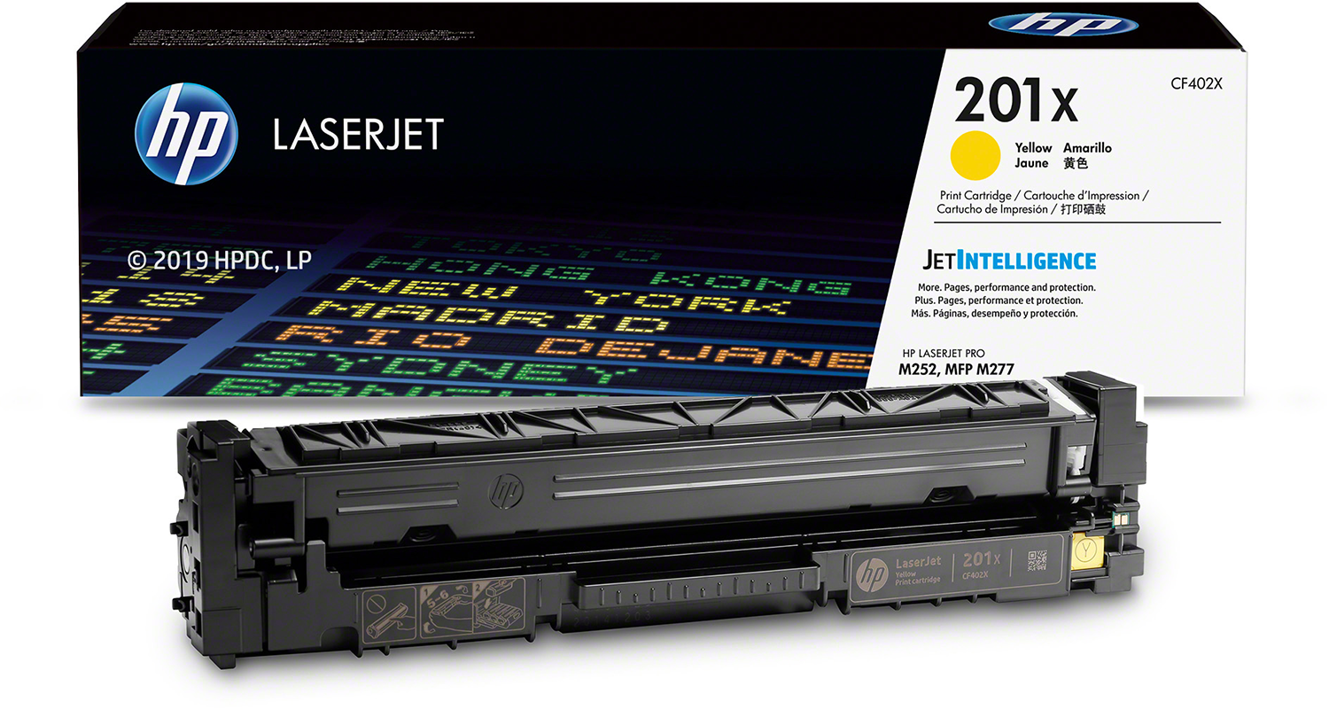 An HP LaserJet printer cartridge box with a yellow cartridge in front of it.