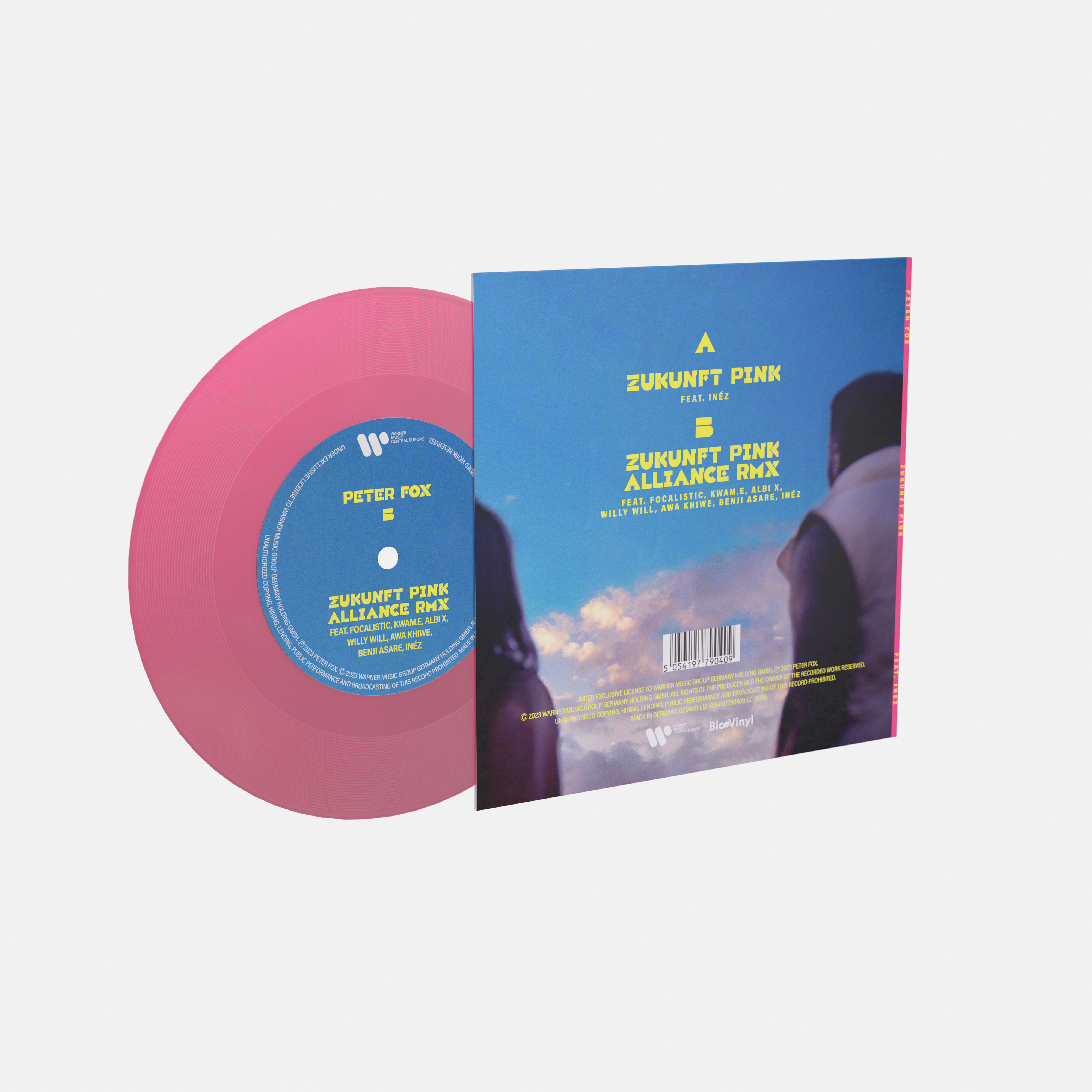 Pinkfarbene Schallplatte und Albumcover mit Text auf hellblauem Hintergrund.