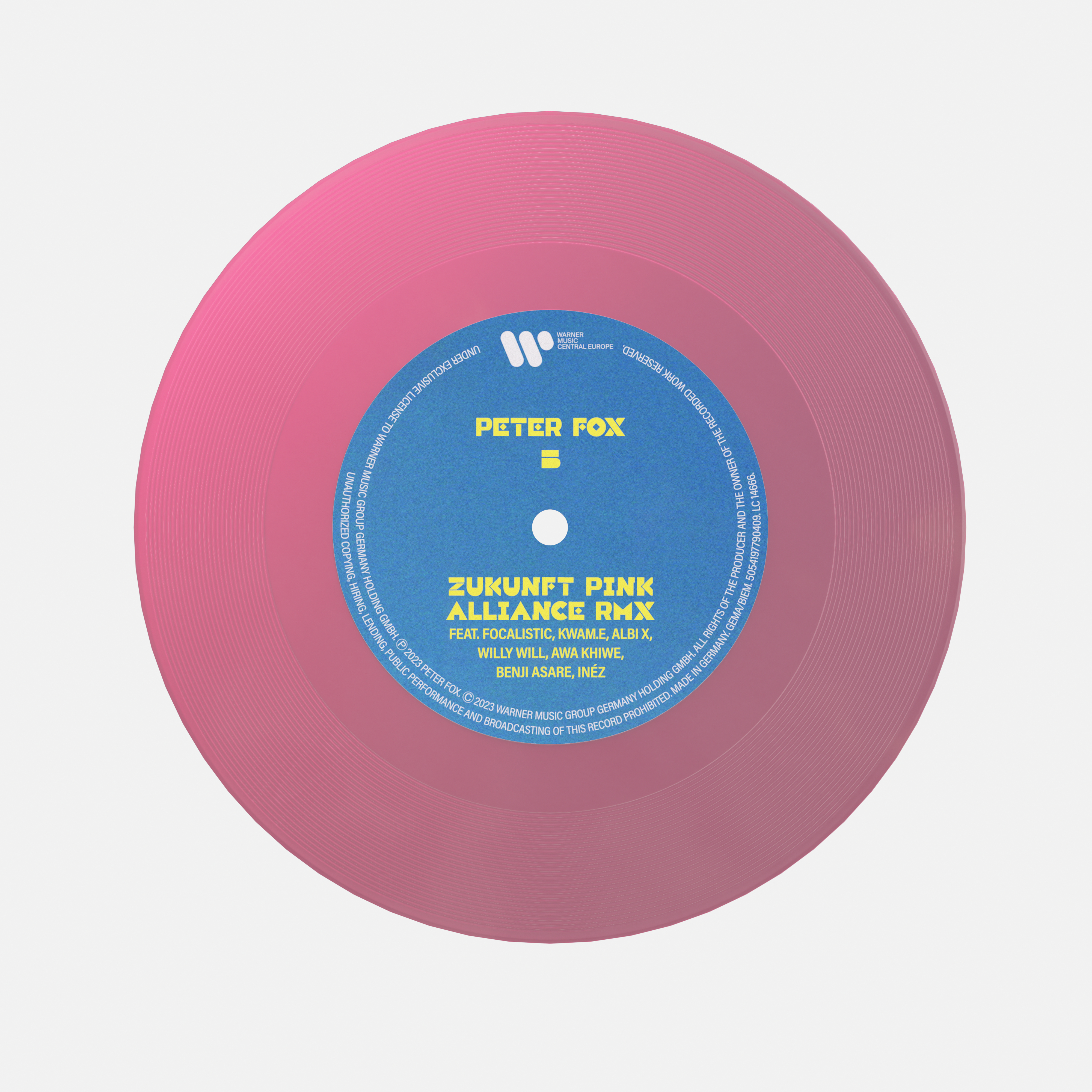 Eine rosa Schallplatte mit gelbem Text, die den Titel 'ZUKUNFT PINK ALLIANCE RMX' trägt.
