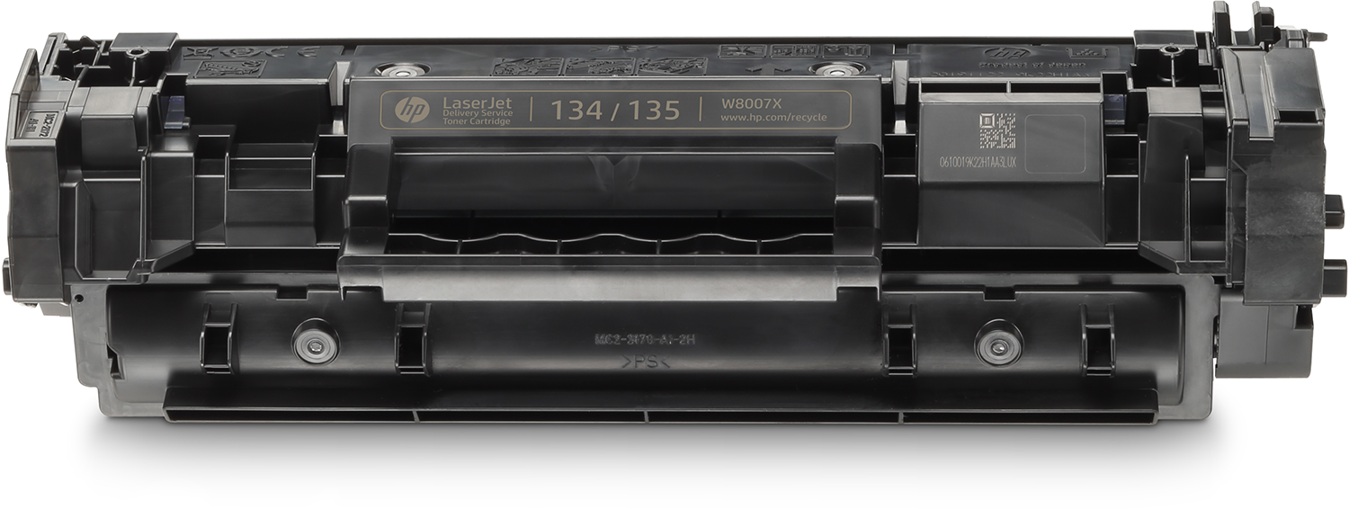 A black toner cartridge with labels and a bar code, with a white background.