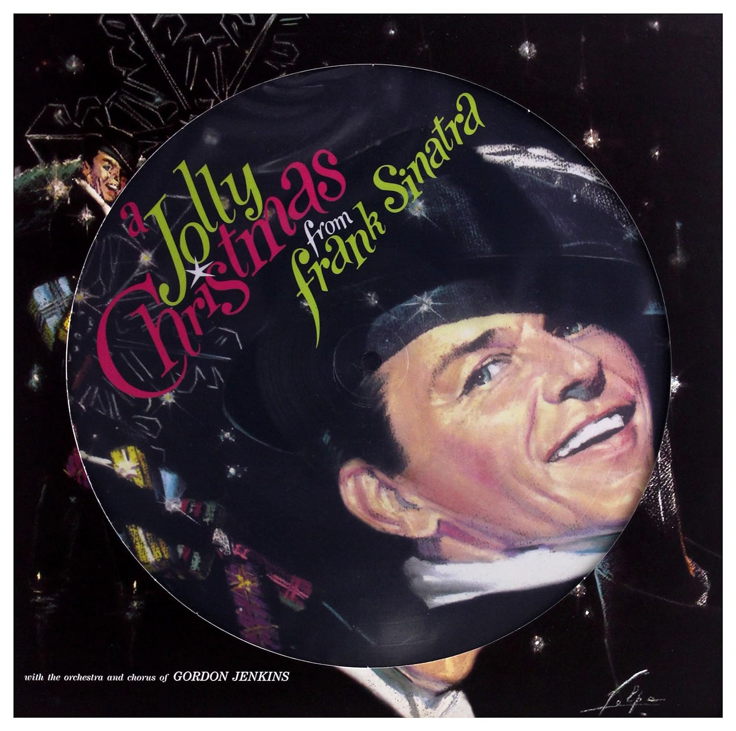 Album borító: Frank Sinatra kalapban, mosolyog. Cím: A Jolly Christmas. Háttér: sötét, csillagokkal és egy kis karácsonyi jelenettel.
