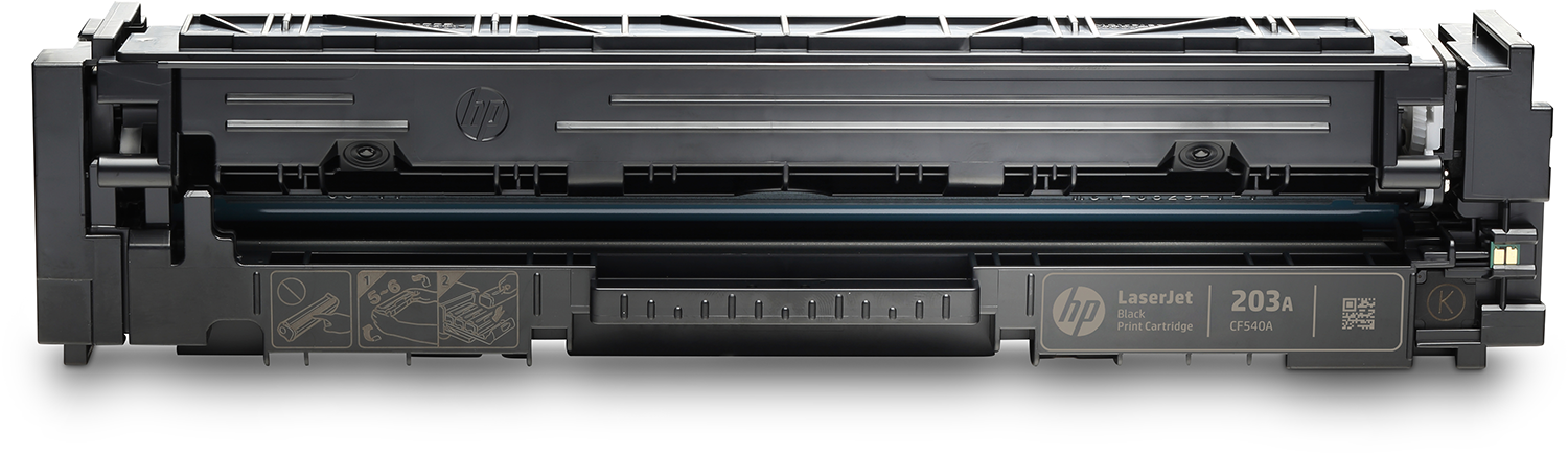 A black HP LaserJet printer cartridge with its internal components visible.
