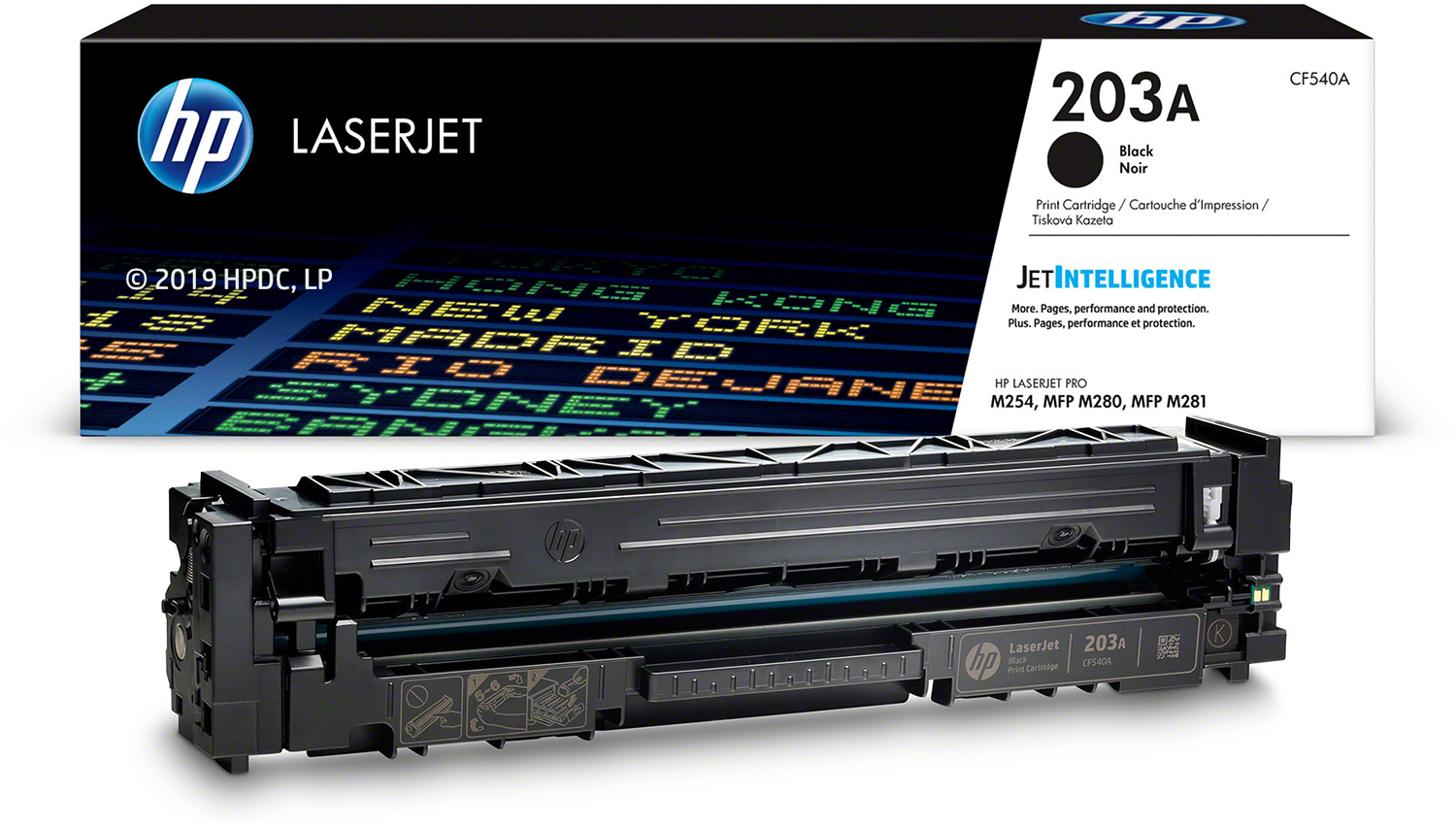 Black HP LaserJet 203A toner cartridge, with box showing flight info.