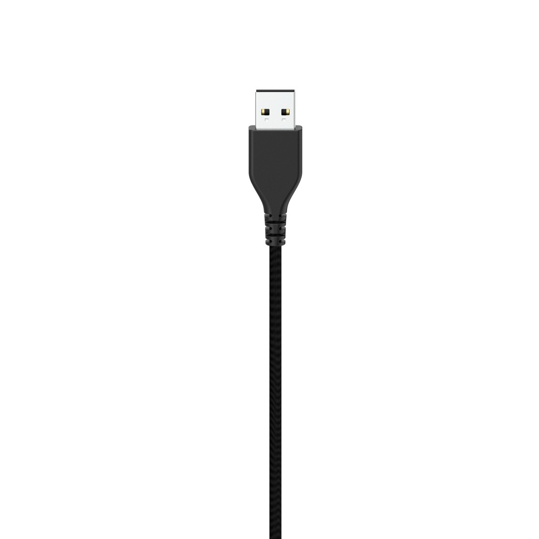 Fekete USB kábel. A csatlakozó látható. Fehér háttér.
