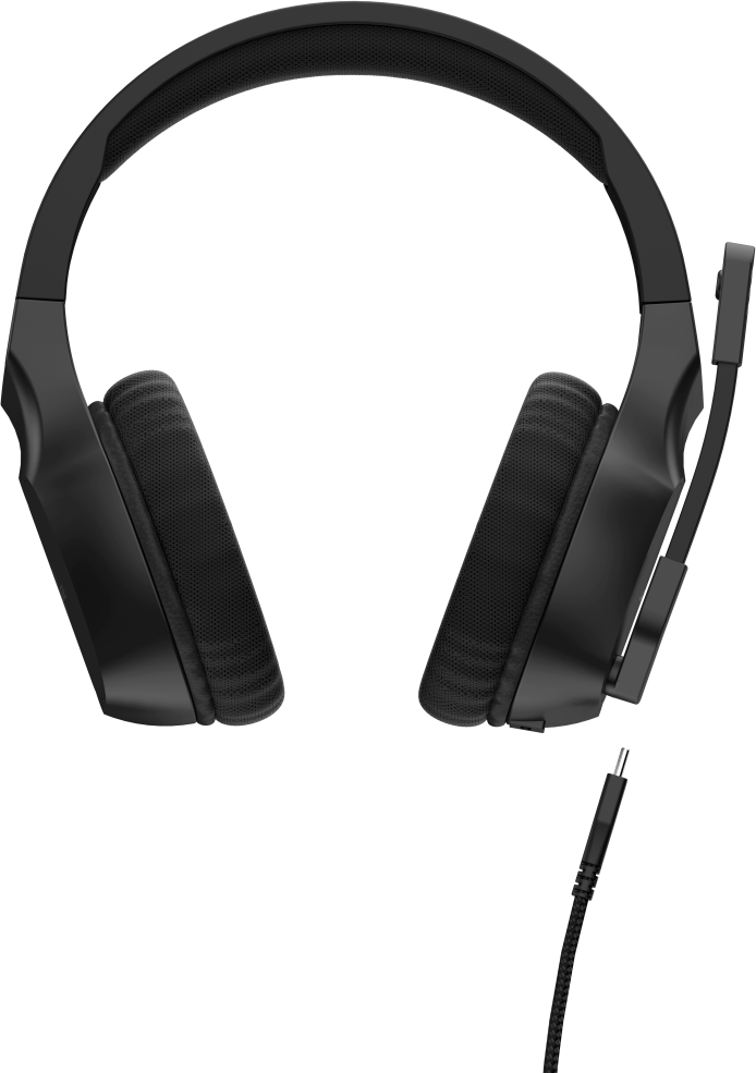 Fekete gaming headset mikrofonnal. A headset nagyméretű füldugókkal és párnázott fejpánttal rendelkezik.