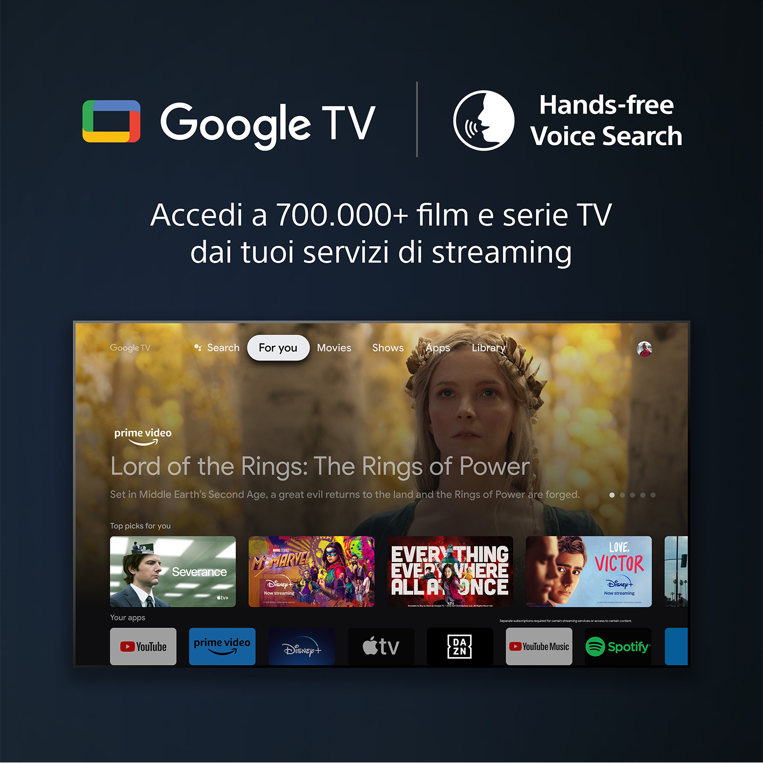 Interfaccia Google TV su schermo TV, che mostra film e programmi, con vari loghi di app di streaming.